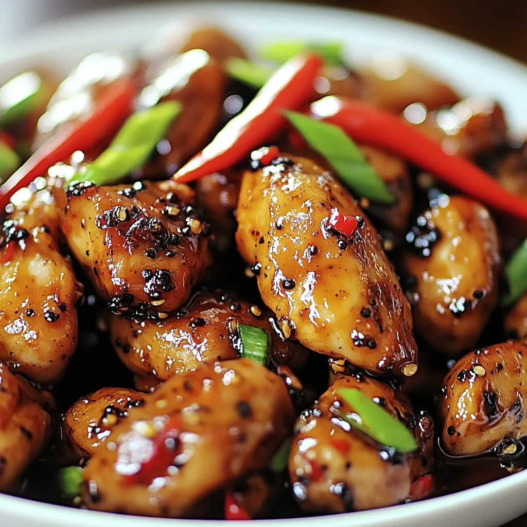 A plate of Black Pepper Chicken with tender chicken pieces, vibrant bell peppers, and a glossy, savory black pepper sauce served over rice.