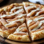 A golden-brown cinnamon sugar pizza with a drizzled vanilla glaze, sliced into wedges on a wooden board.