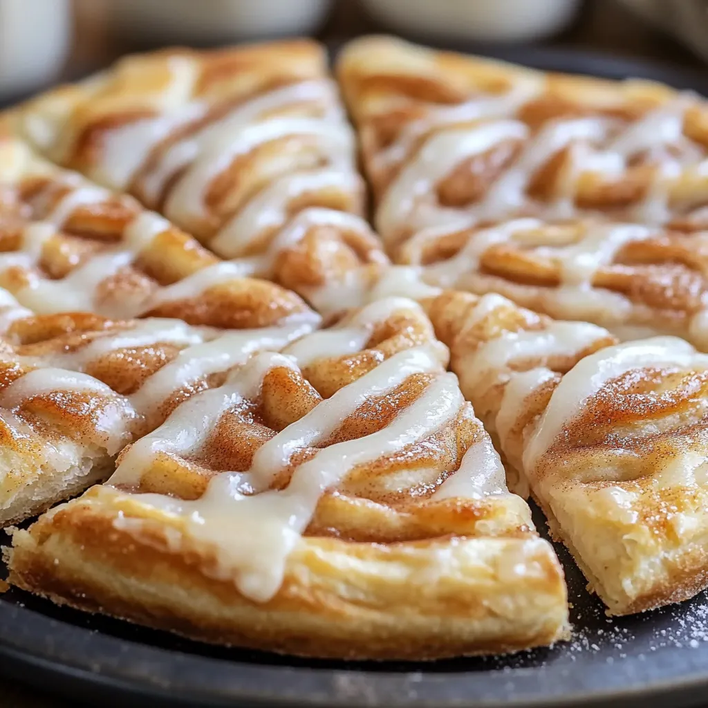 A golden-brown cinnamon sugar pizza with a drizzled vanilla glaze, sliced into wedges on a wooden board.