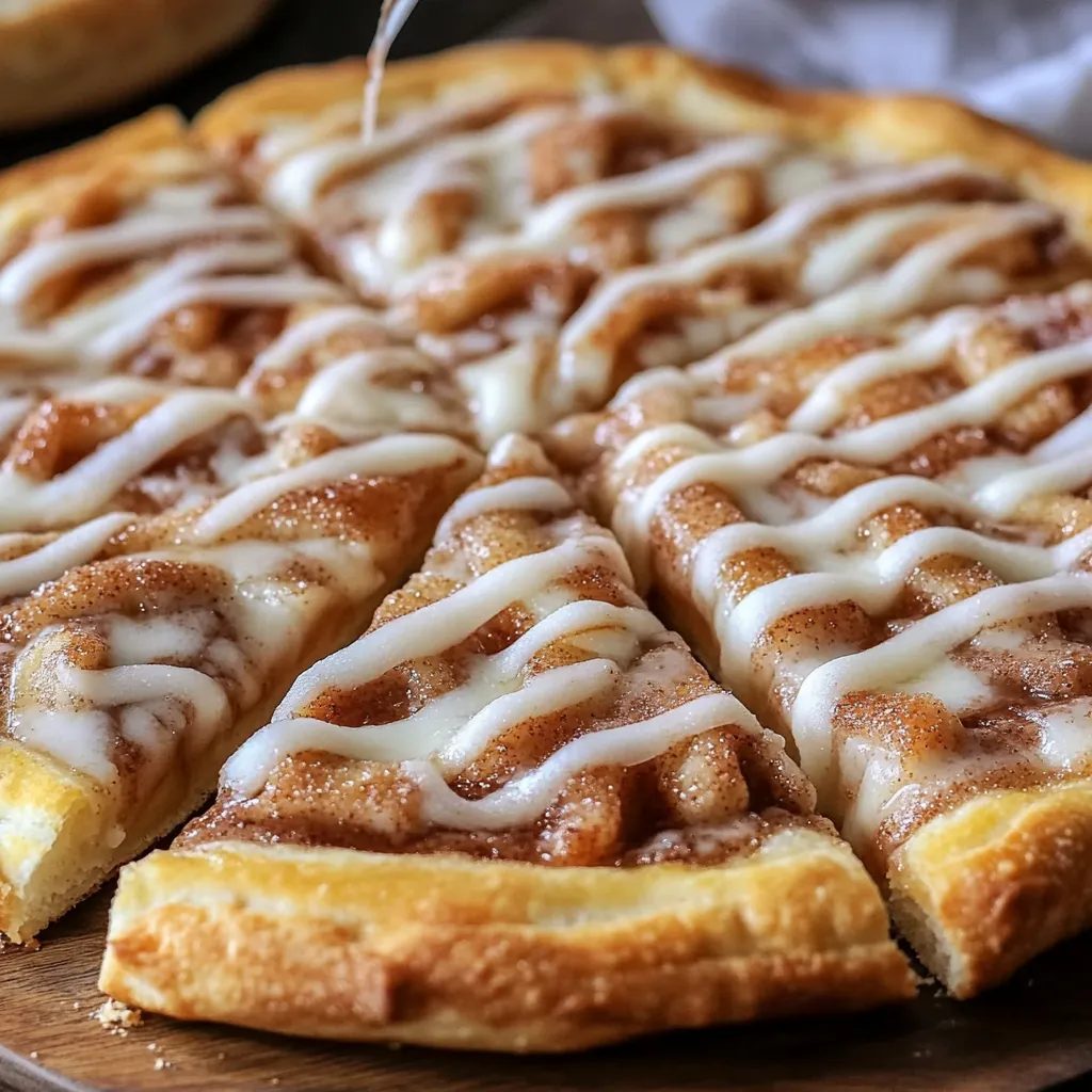 A golden-brown cinnamon sugar pizza with a drizzled vanilla glaze, sliced into wedges on a wooden board.