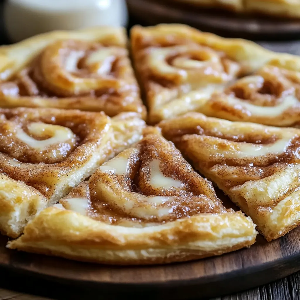 A golden-brown cinnamon sugar pizza with a drizzled vanilla glaze, sliced into wedges on a wooden board.