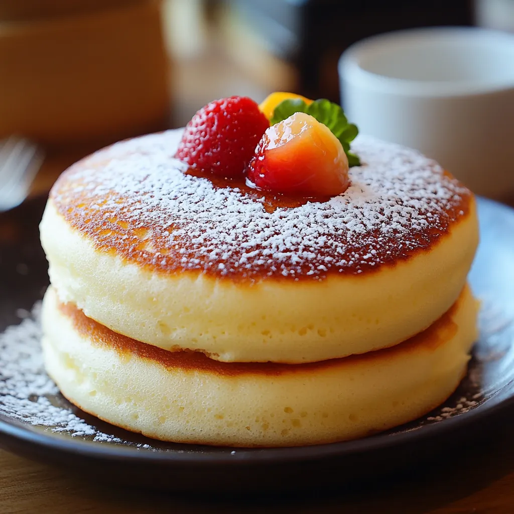 A stack of fluffy Japanese soufflé pancakes topped with powdered sugar, fresh berries, and a drizzle of maple syrup on a white plate.