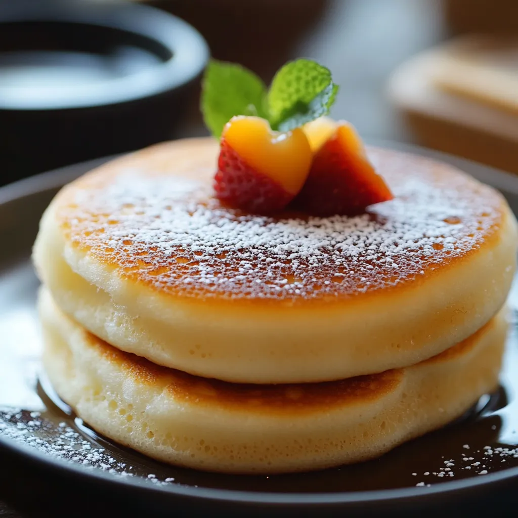 A stack of fluffy Japanese soufflé pancakes topped with powdered sugar, fresh berries, and a drizzle of maple syrup on a white plate.