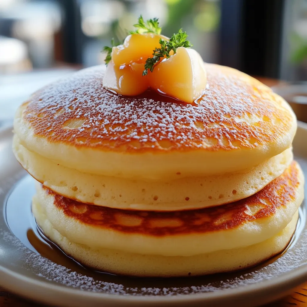 A stack of fluffy Japanese soufflé pancakes topped with powdered sugar, fresh berries, and a drizzle of maple syrup on a white plate.