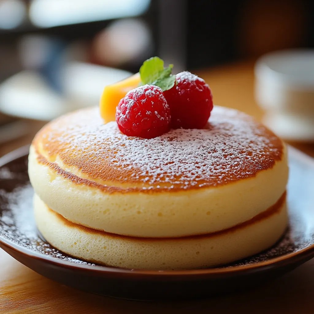 A stack of fluffy Japanese soufflé pancakes topped with powdered sugar, fresh berries, and a drizzle of maple syrup on a white plate.