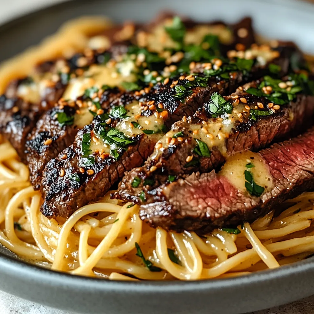 Garlic Butter Steak Lightning Noodles served in a bowl, topped with green onions and sesame seeds for a flavorful, quick dinner recipe.