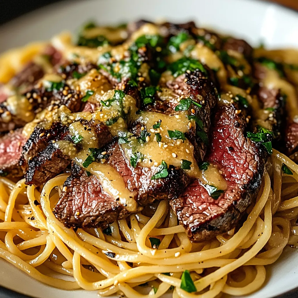 Garlic Butter Steak Lightning Noodles served in a bowl, topped with green onions and sesame seeds for a flavorful, quick dinner recipe.