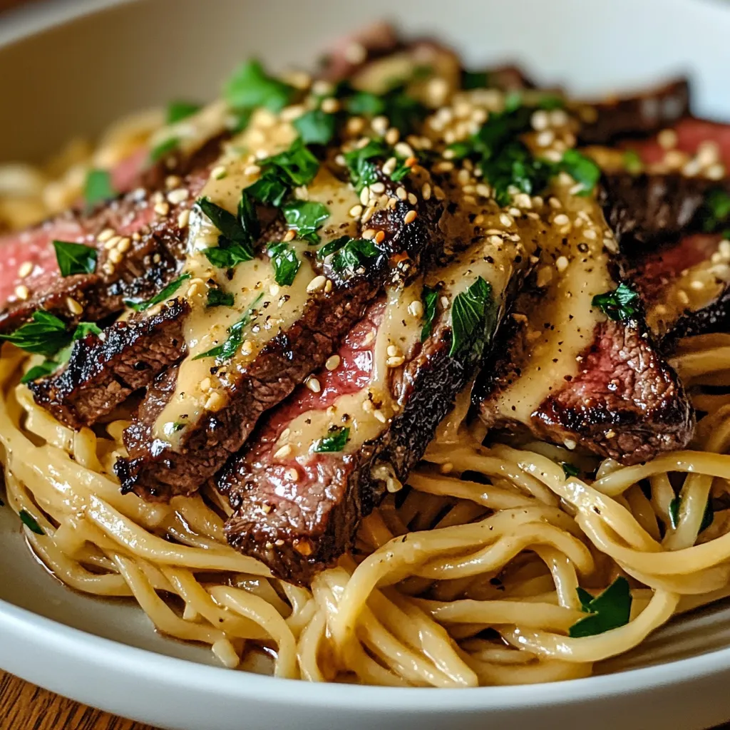 Garlic Butter Steak Lightning Noodles served in a bowl, topped with green onions and sesame seeds for a flavorful, quick dinner recipe.