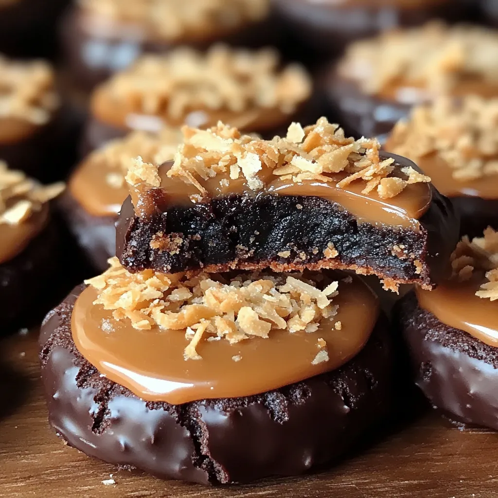 A batch of homemade Samoas cookies with a golden shortbread base, caramel-coconut topping, and chocolate drizzle.