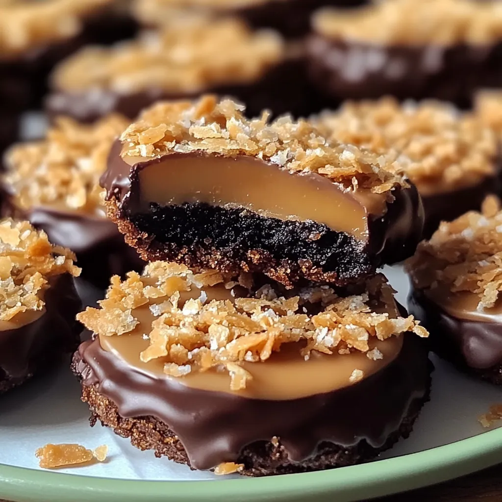 A batch of homemade Samoas cookies with a golden shortbread base, caramel-coconut topping, and chocolate drizzle.