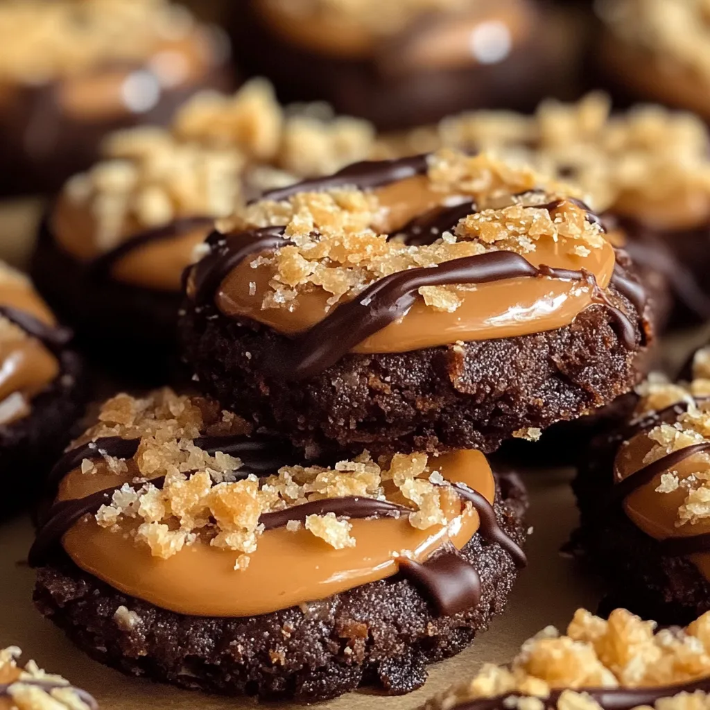 A batch of homemade Samoas cookies with a golden shortbread base, caramel-coconut topping, and chocolate drizzle.