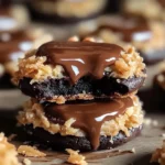 A batch of homemade Samoas cookies with a golden shortbread base, caramel-coconut topping, and chocolate drizzle.