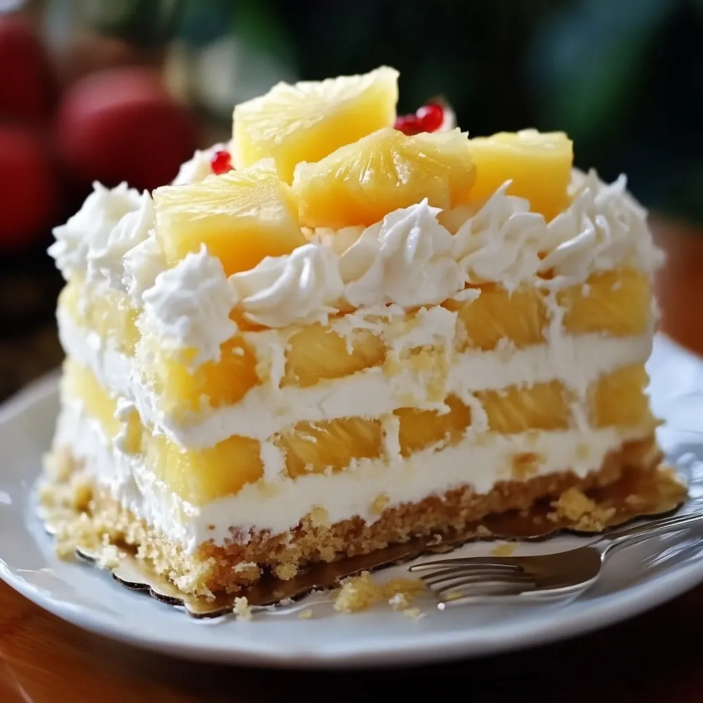 A moist slice of Pineapple Heaven Cake topped with creamy whipped frosting and toasted coconut, served on a plate with a fork.