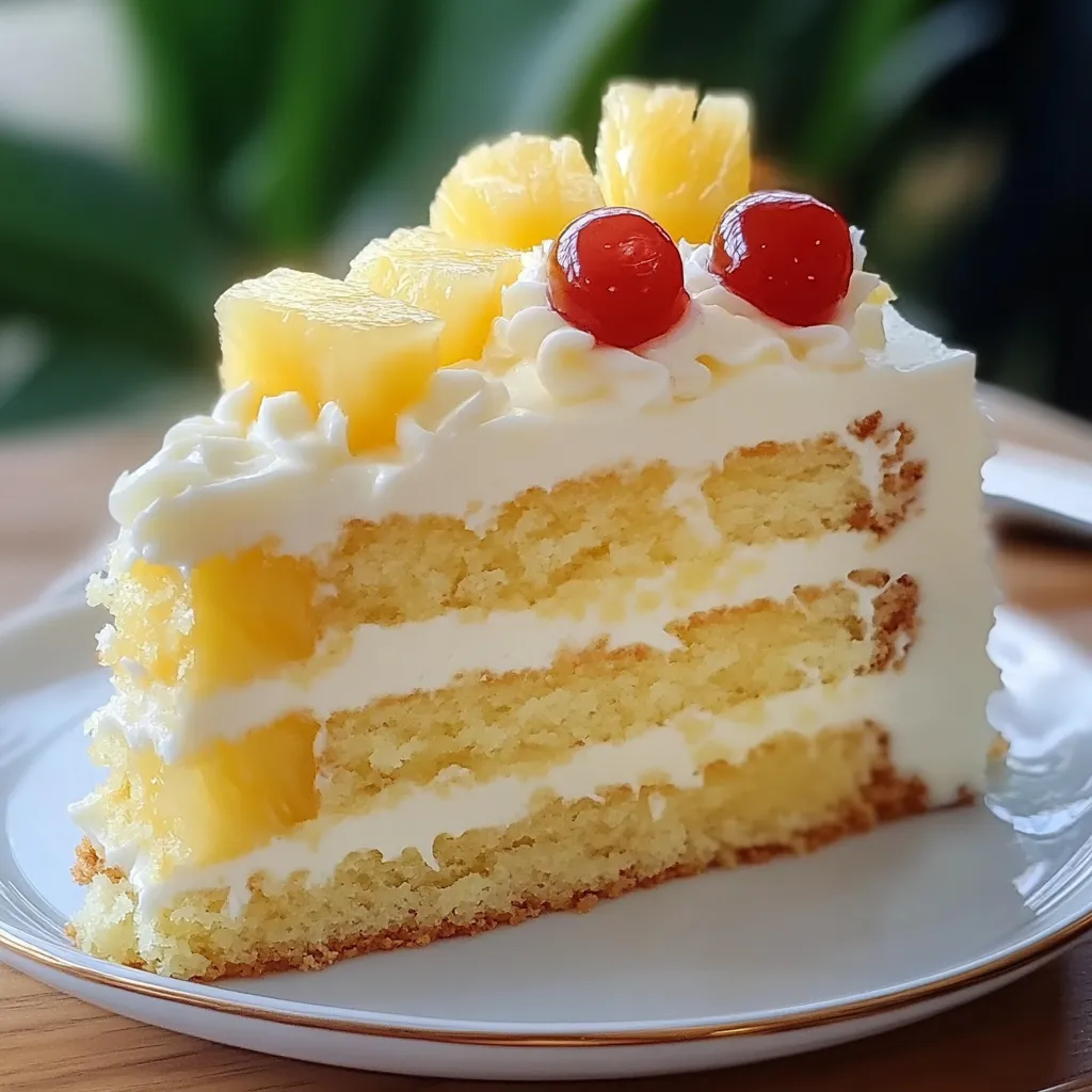 A moist slice of Pineapple Heaven Cake topped with creamy whipped frosting and toasted coconut, served on a plate with a fork.