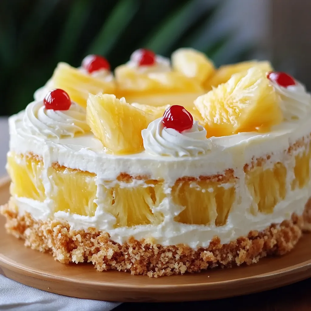 A moist slice of Pineapple Heaven Cake topped with creamy whipped frosting and toasted coconut, served on a plate with a fork.