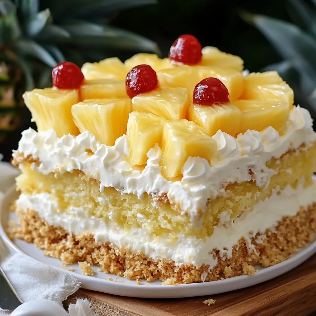 A moist slice of Pineapple Heaven Cake topped with creamy whipped frosting and toasted coconut, served on a plate with a fork.