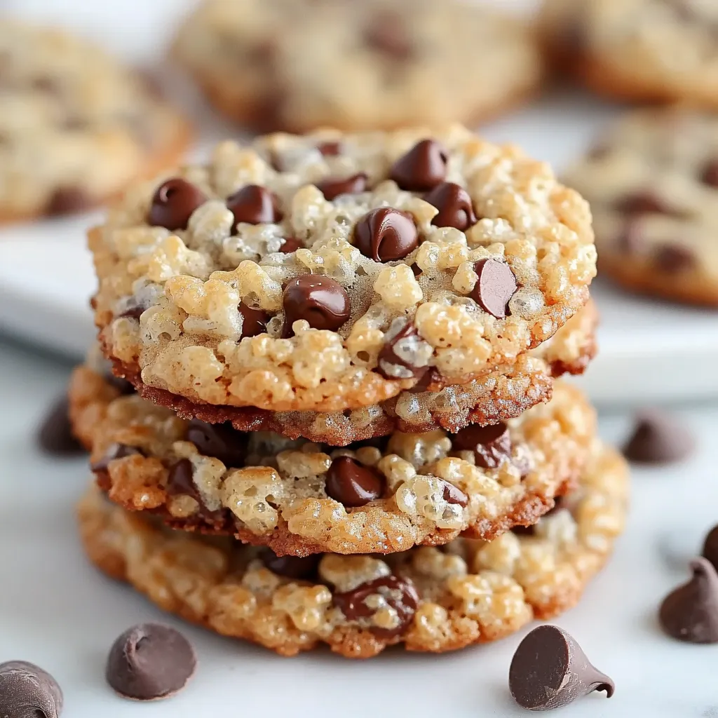 Golden brown Rice Krispie Chocolate Chip Cookies with gooey chocolate and crunchy cereal pieces.