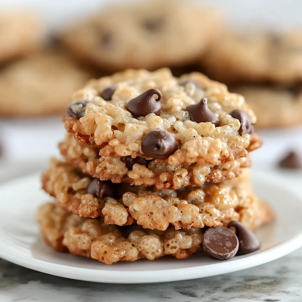 Golden brown Rice Krispie Chocolate Chip Cookies with gooey chocolate and crunchy cereal pieces.