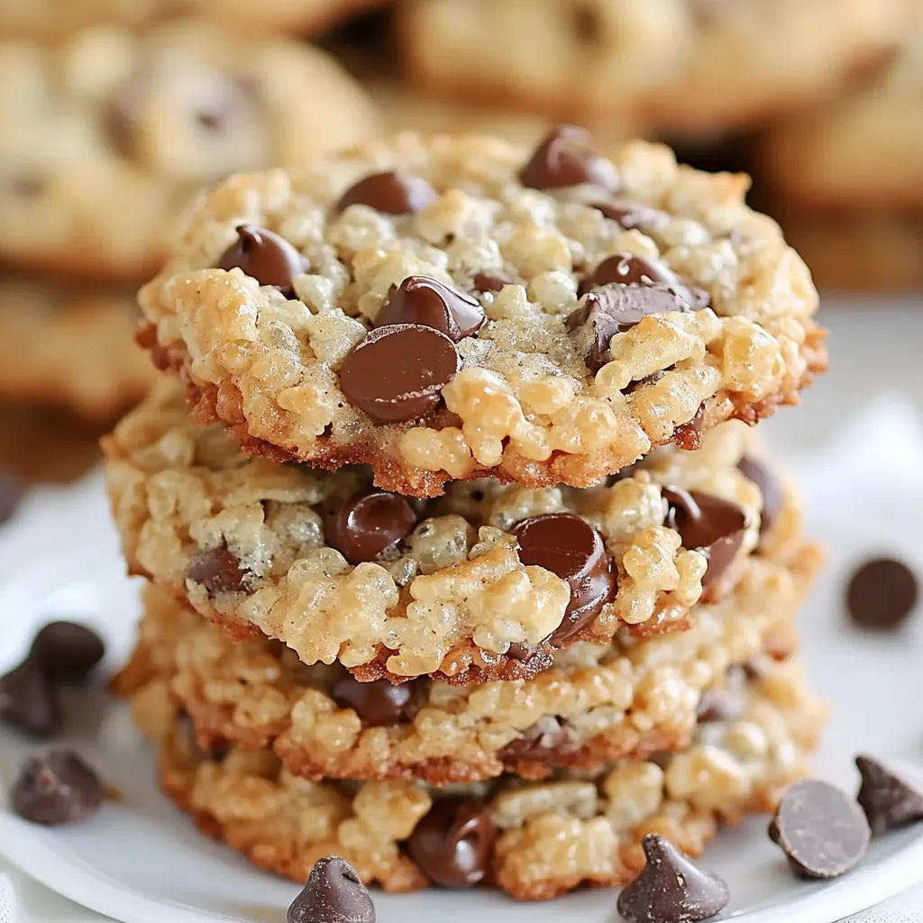 Golden brown Rice Krispie Chocolate Chip Cookies with gooey chocolate and crunchy cereal pieces.