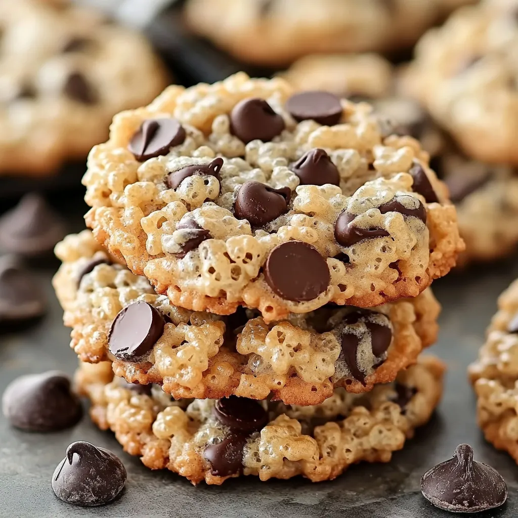 Golden brown Rice Krispie Chocolate Chip Cookies with gooey chocolate and crunchy cereal pieces.