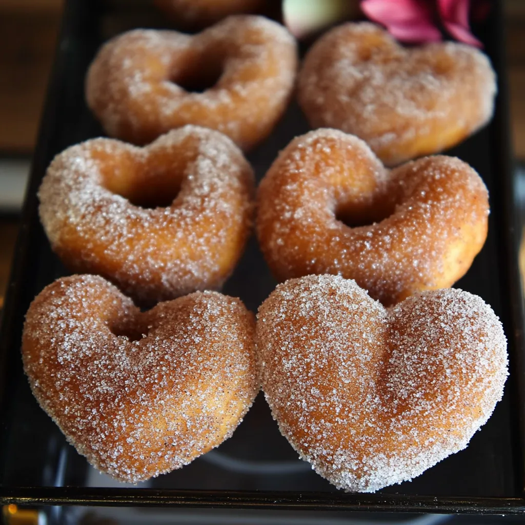 Freshly fried cinnamon sugar heart doughnuts stacked on a plate, with a golden-brown exterior and a festive heart shape.