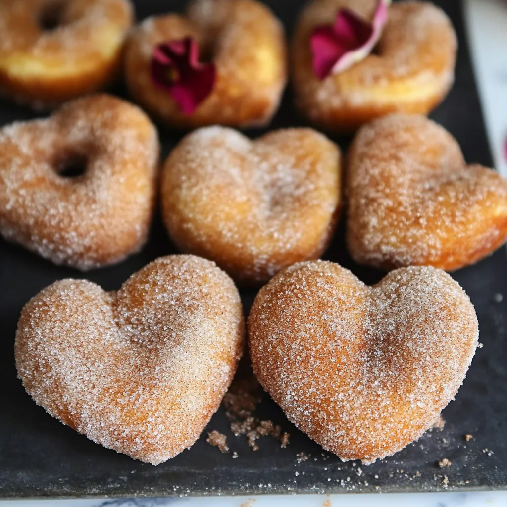 Freshly fried cinnamon sugar heart doughnuts stacked on a plate, with a golden-brown exterior and a festive heart shape.