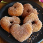 Freshly fried cinnamon sugar heart doughnuts stacked on a plate, with a golden-brown exterior and a festive heart shape.