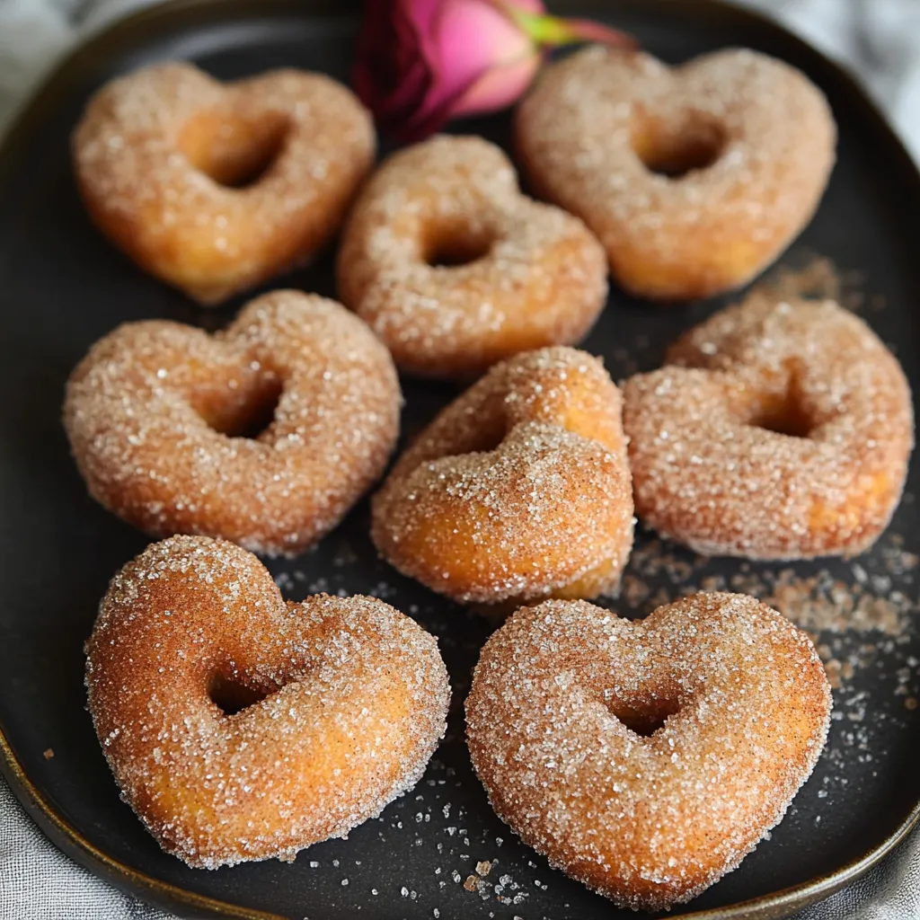 Freshly fried cinnamon sugar heart doughnuts stacked on a plate, with a golden-brown exterior and a festive heart shape.