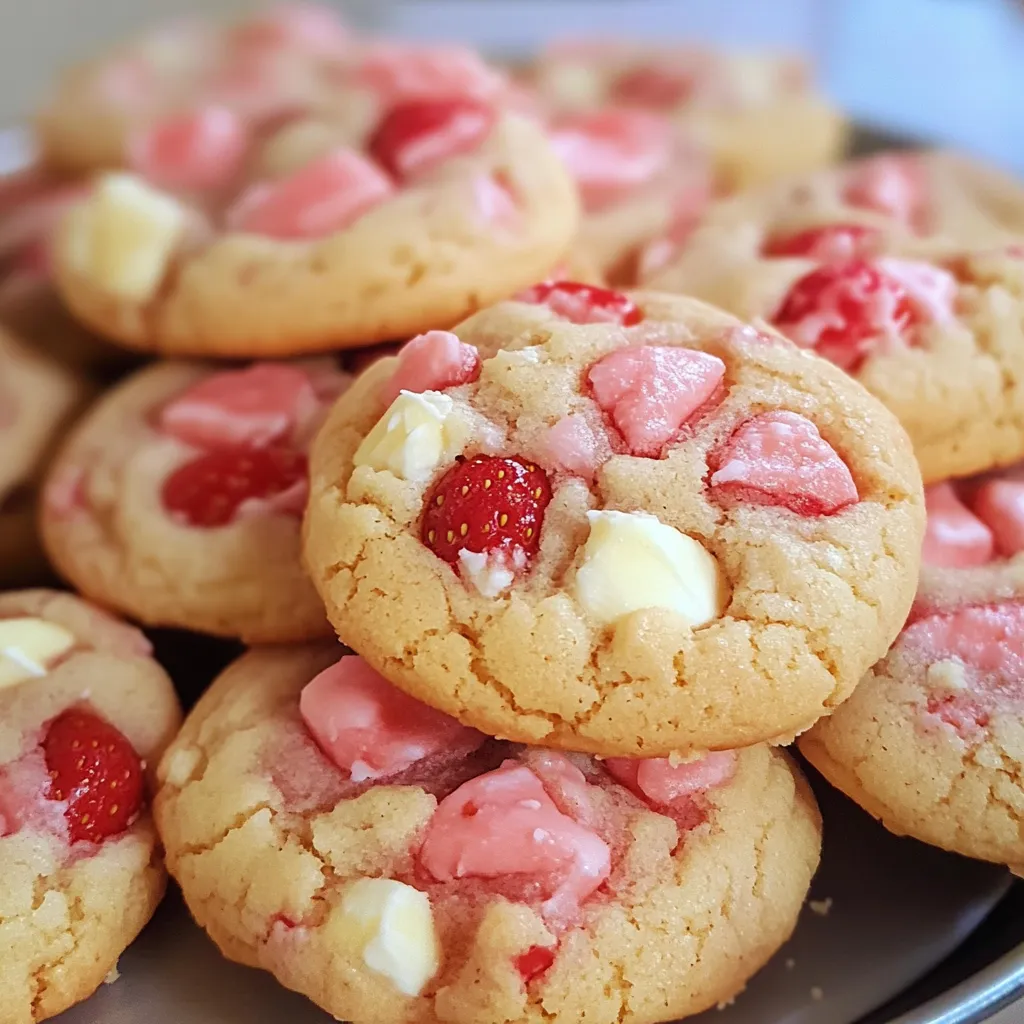 Strawberry White Chocolate Cake Mix Cookies on a festive platter with white chocolate drizzle and M&M’s.