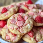 Strawberry White Chocolate Cake Mix Cookies on a festive platter with white chocolate drizzle and M&M’s.