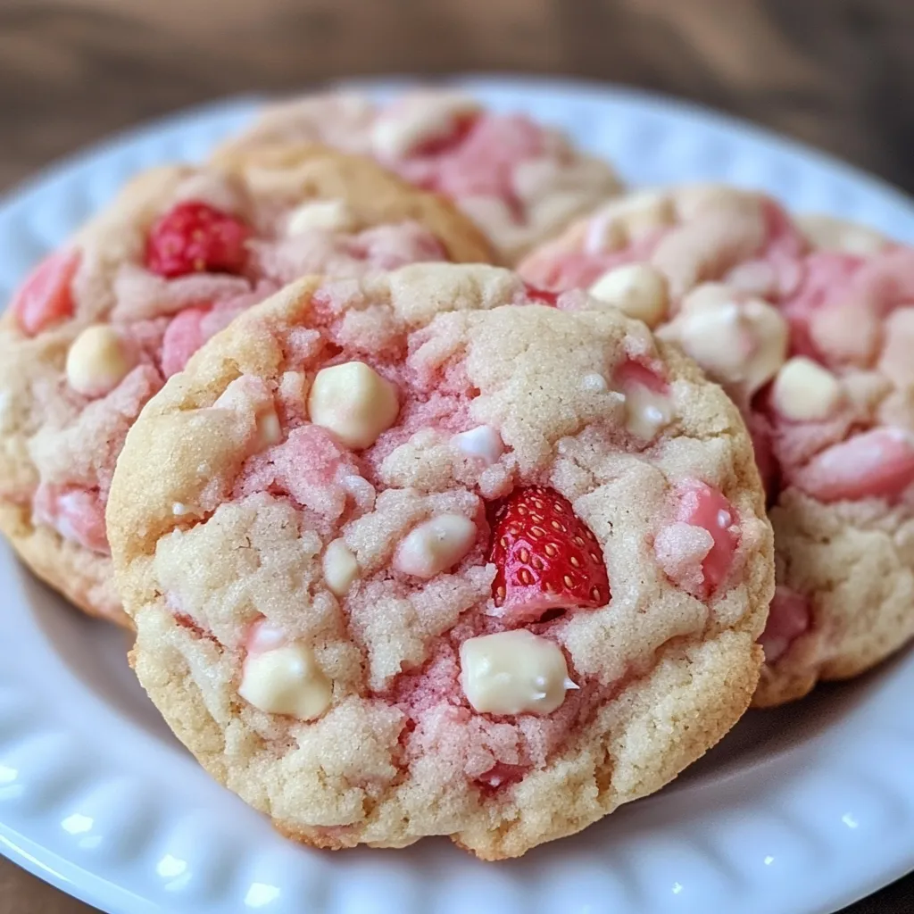 Strawberry White Chocolate Cake Mix Cookies on a festive platter with white chocolate drizzle and M&M’s.