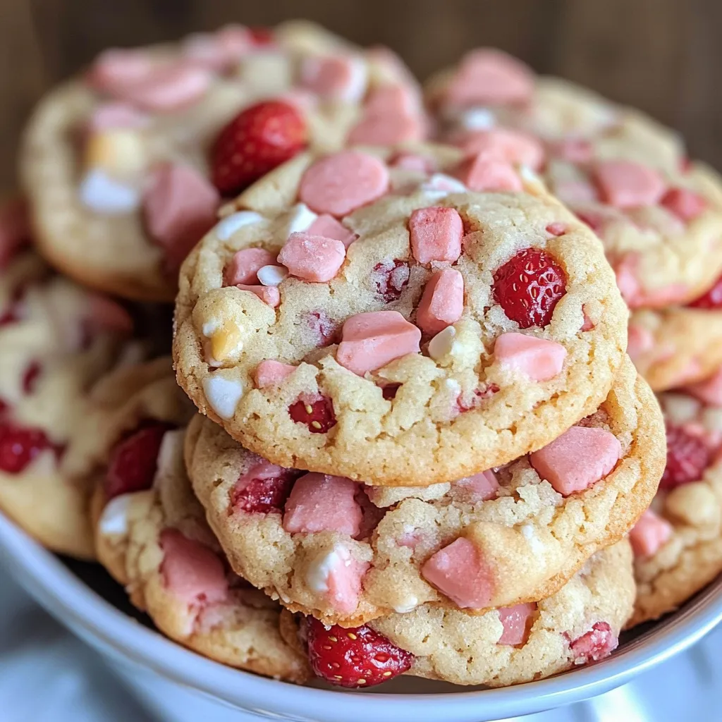 Strawberry White Chocolate Cake Mix Cookies on a festive platter with white chocolate drizzle and M&M’s.