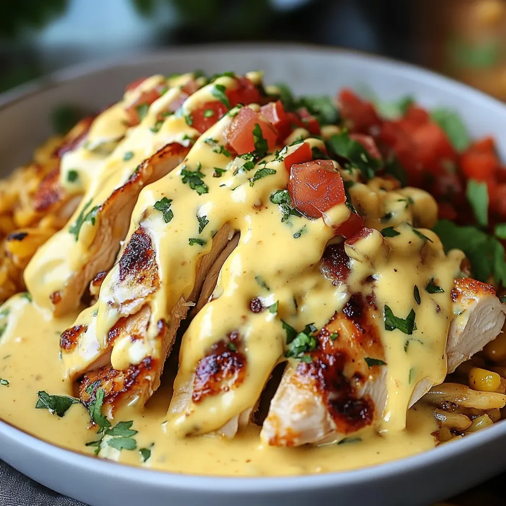 Juicy Mexican chicken breasts topped with melted cheese sauce in a baking dish