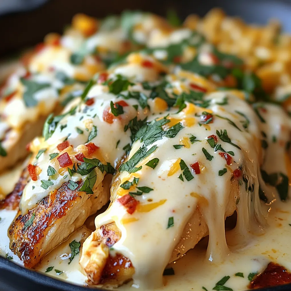 Juicy Mexican chicken breasts topped with melted cheese sauce in a baking dish