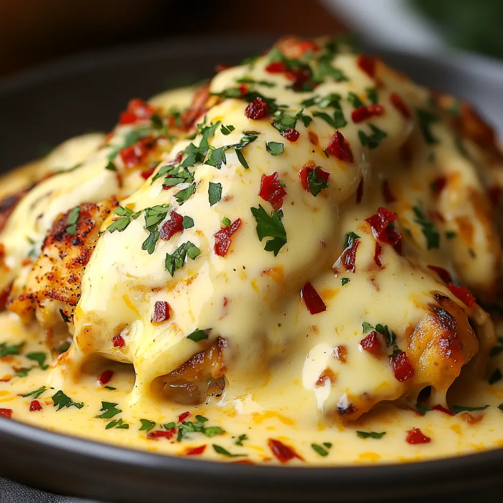 Juicy Mexican chicken breasts topped with melted cheese sauce in a baking dish