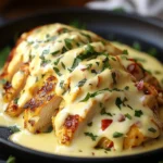 Juicy Mexican chicken breasts topped with melted cheese sauce in a baking dish