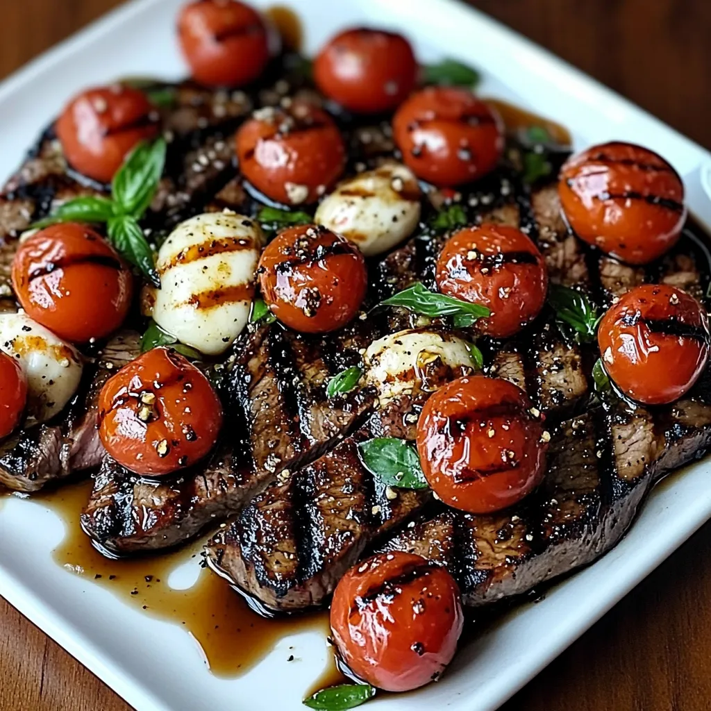 Sliced grilled flank steak topped with fresh mozzarella, cherry tomatoes, and basil with balsamic glaze