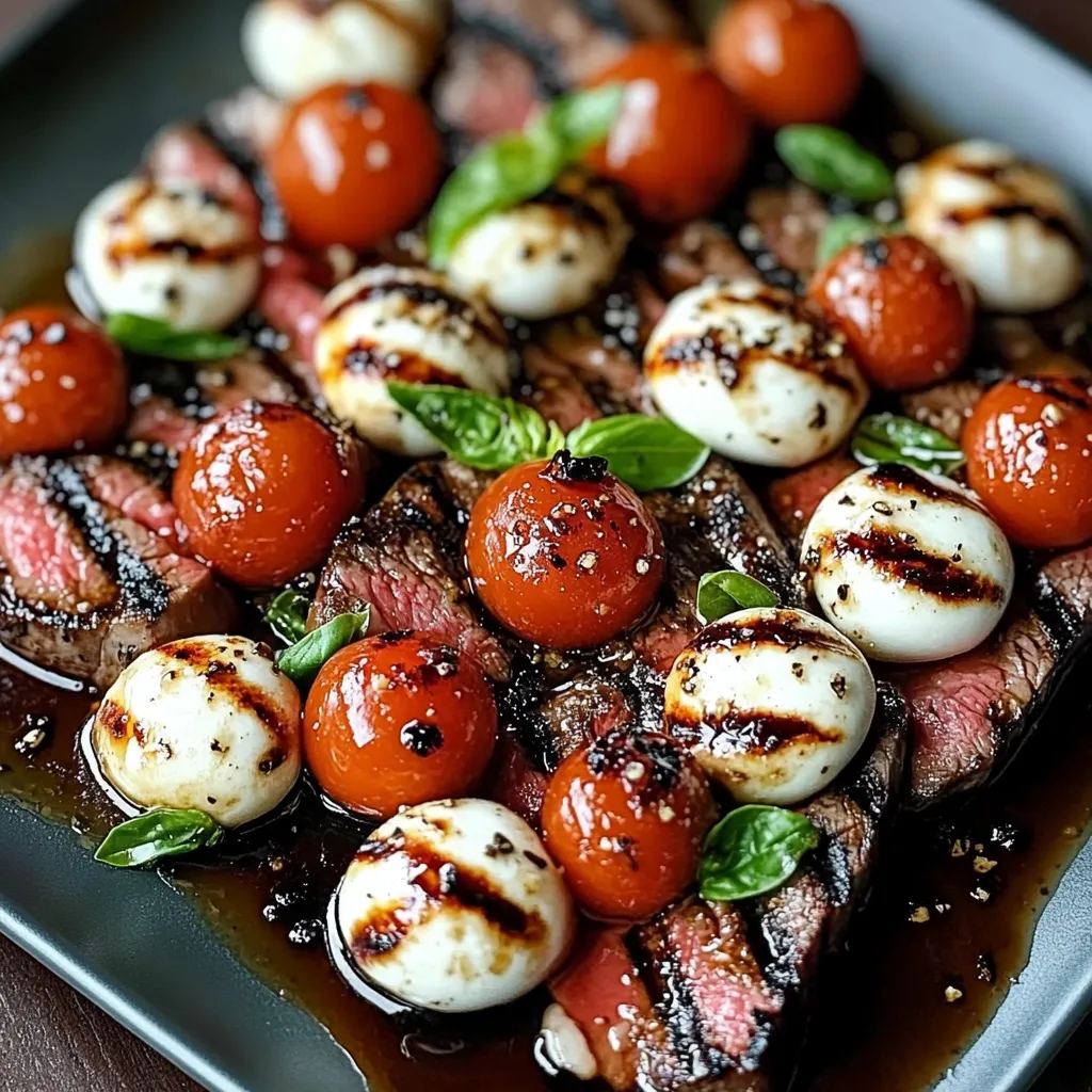 Sliced grilled flank steak topped with fresh mozzarella, cherry tomatoes, and basil with balsamic glaze