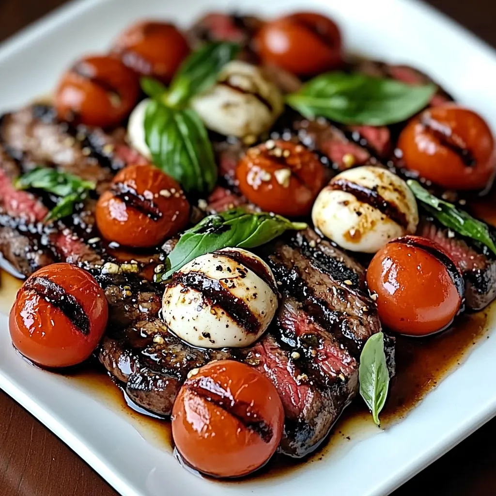 Sliced grilled flank steak topped with fresh mozzarella, cherry tomatoes, and basil with balsamic glaze