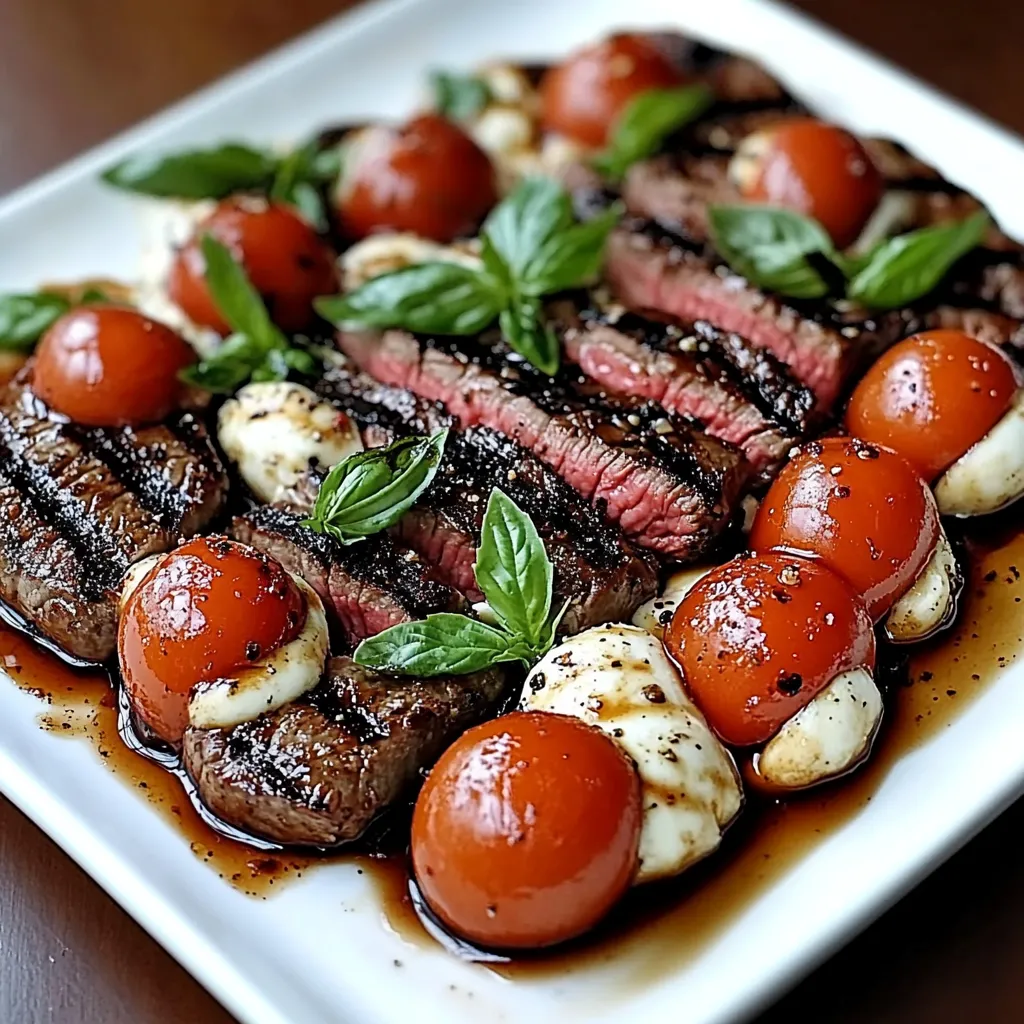 Sliced grilled flank steak topped with fresh mozzarella, cherry tomatoes, and basil with balsamic glaze
