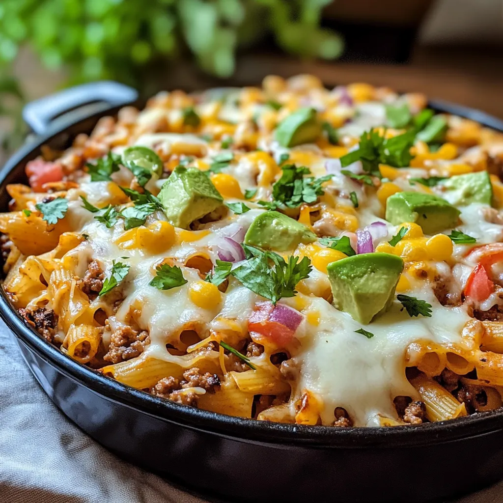 One-Pan Cheesy Taco Pasta Bake in a skillet with melted cheese, pasta shells, ground beef, and garnished cilantro.