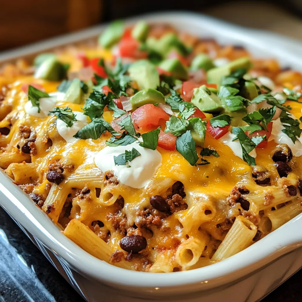 One-Pan Cheesy Taco Pasta Bake in a skillet with melted cheese, pasta shells, ground beef, and garnished cilantro.