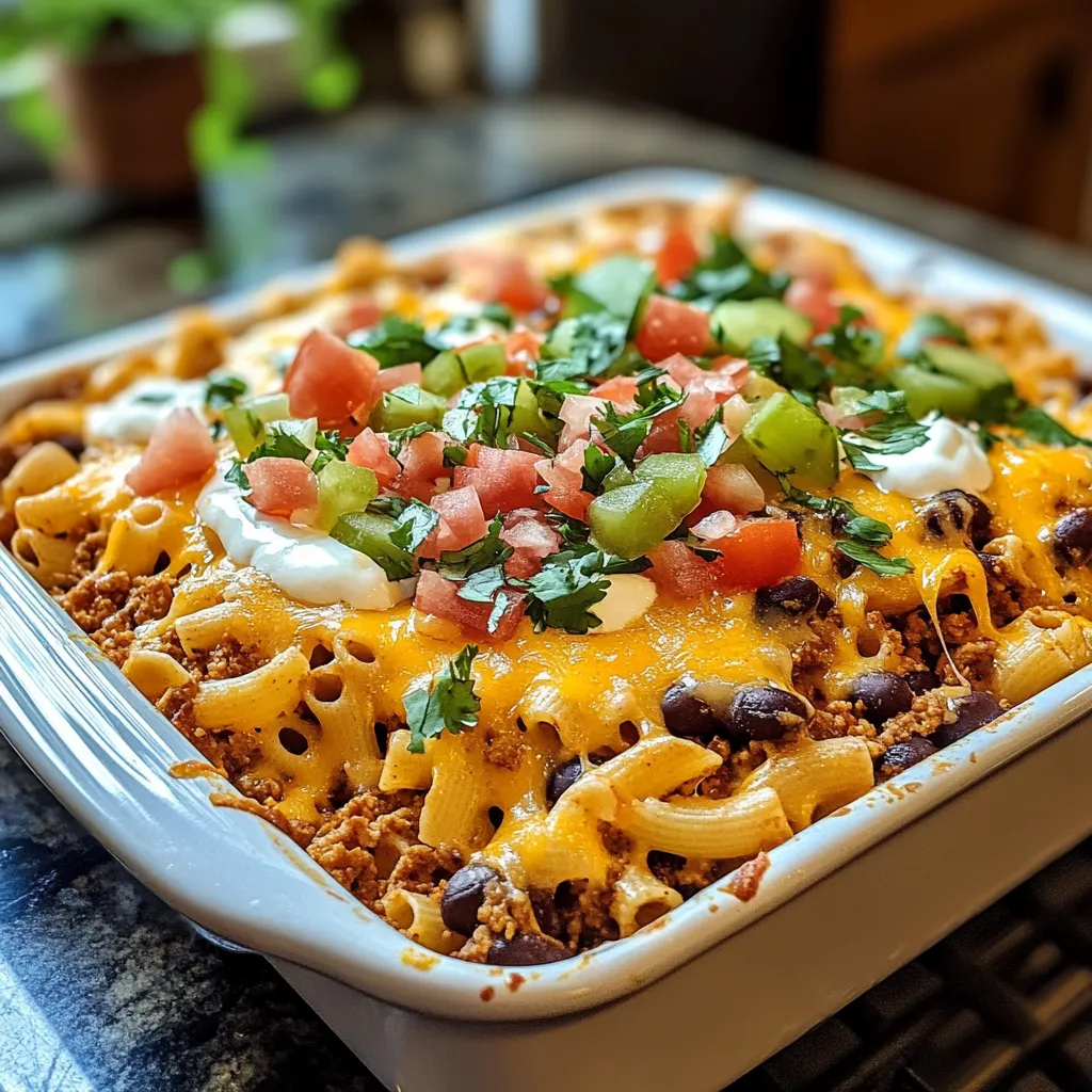 One-Pan Cheesy Taco Pasta Bake in a skillet with melted cheese, pasta shells, ground beef, and garnished cilantro.