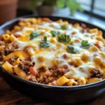 One-Pan Cheesy Taco Pasta Bake in a skillet with melted cheese, pasta shells, ground beef, and garnished cilantro.