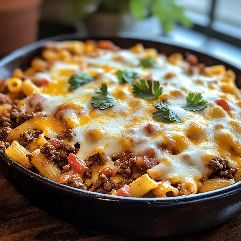 One-Pan Cheesy Taco Pasta Bake in a skillet with melted cheese, pasta shells, ground beef, and garnished cilantro.