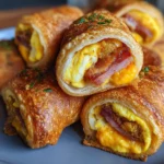 Golden crispy Air Fryer Breakfast Roll-Ups filled with eggs, bacon, and cheese on a white plate.