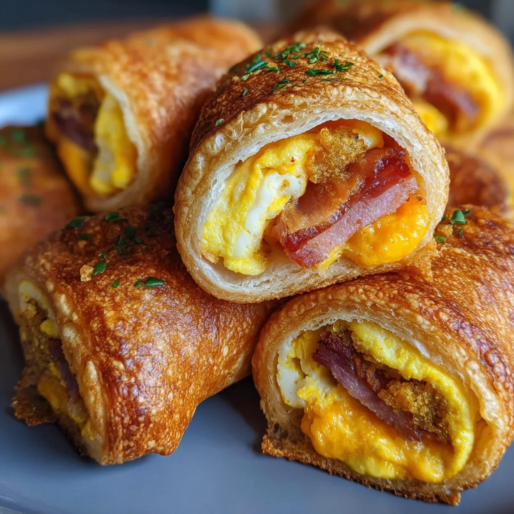 Golden crispy Air Fryer Breakfast Roll-Ups filled with eggs, bacon, and cheese on a white plate.
