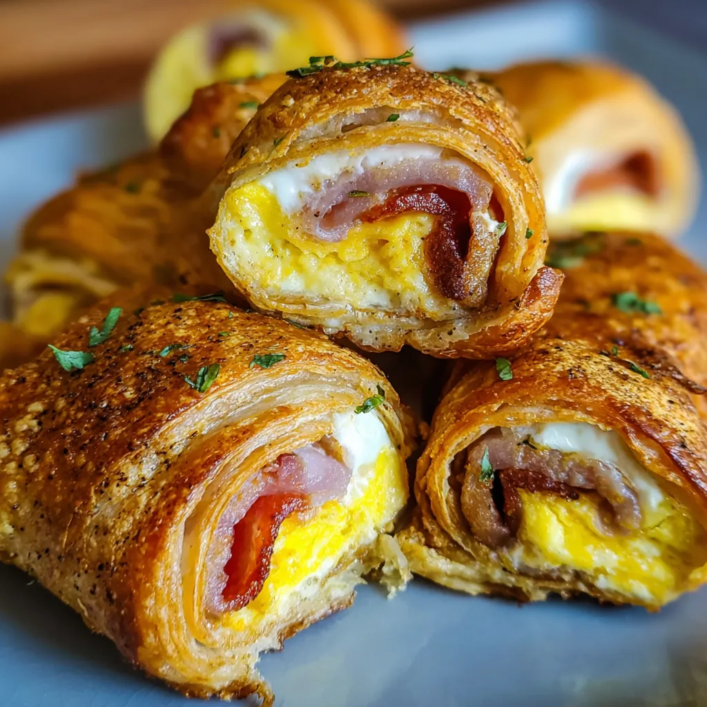 Golden crispy Air Fryer Breakfast Roll-Ups filled with eggs, bacon, and cheese on a white plate.