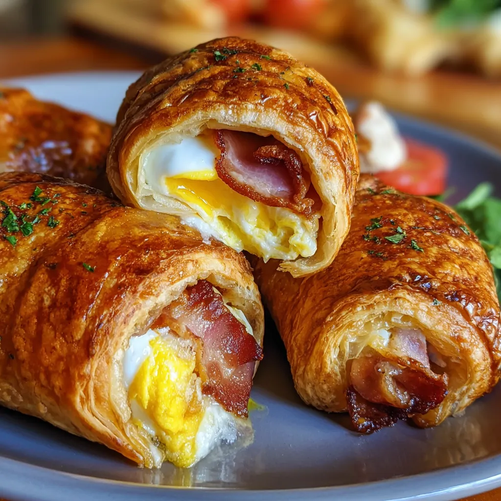 Golden crispy Air Fryer Breakfast Roll-Ups filled with eggs, bacon, and cheese on a white plate.