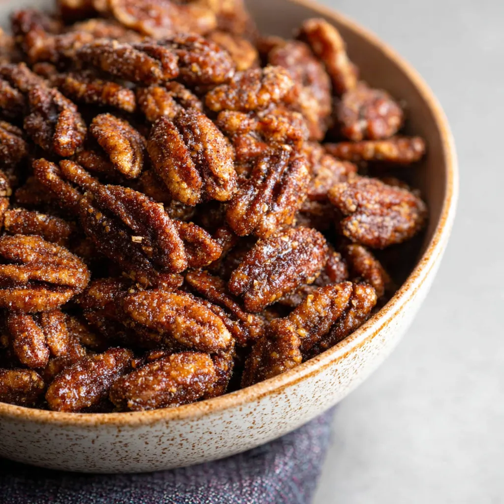 Golden-brown air fryer candied pecans in a bowl with cinnamon sticks beside them.